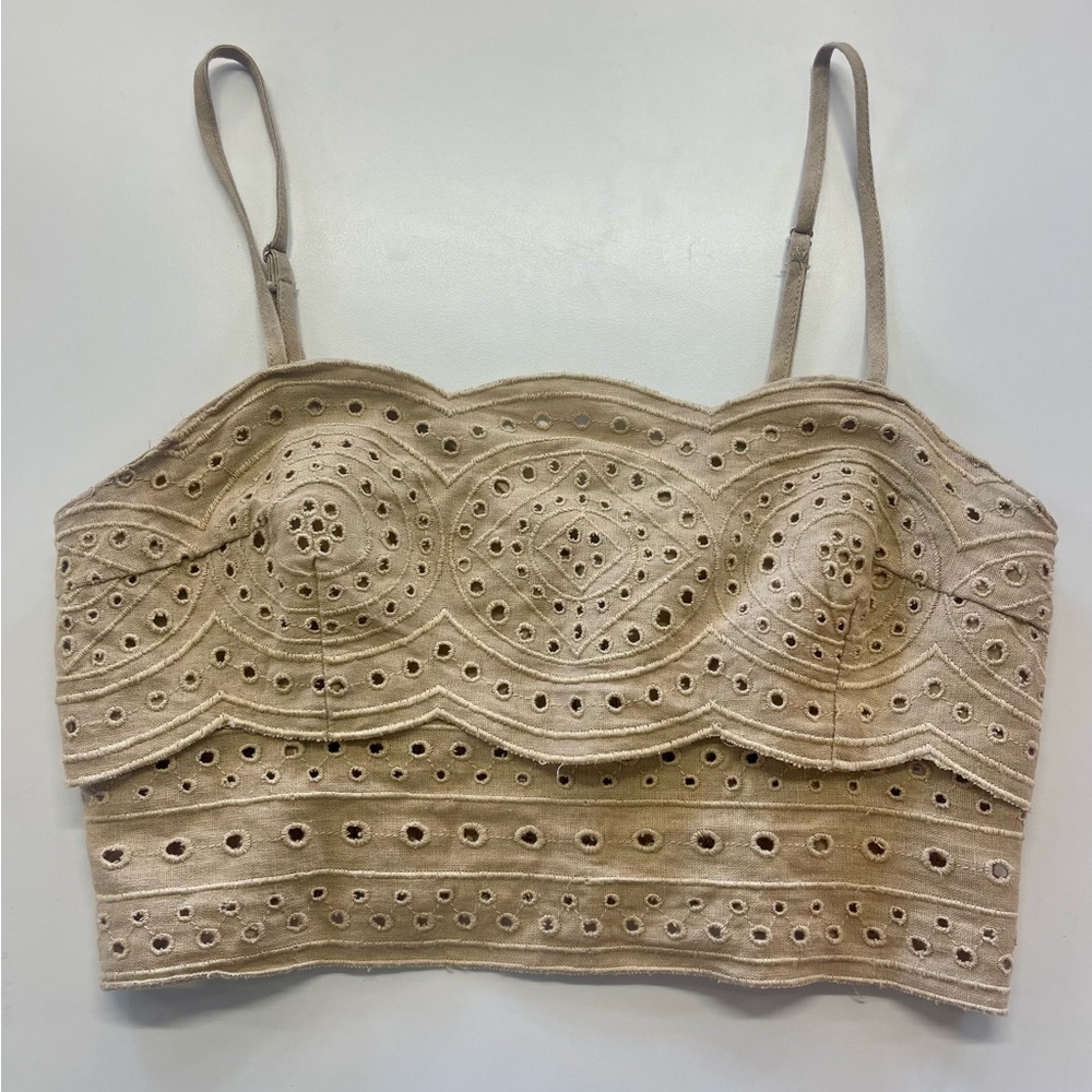 NWT Jason Tan Linen Blend Crochet Eyelet Boho Bohemian Vacation Crop Top Blouse‎